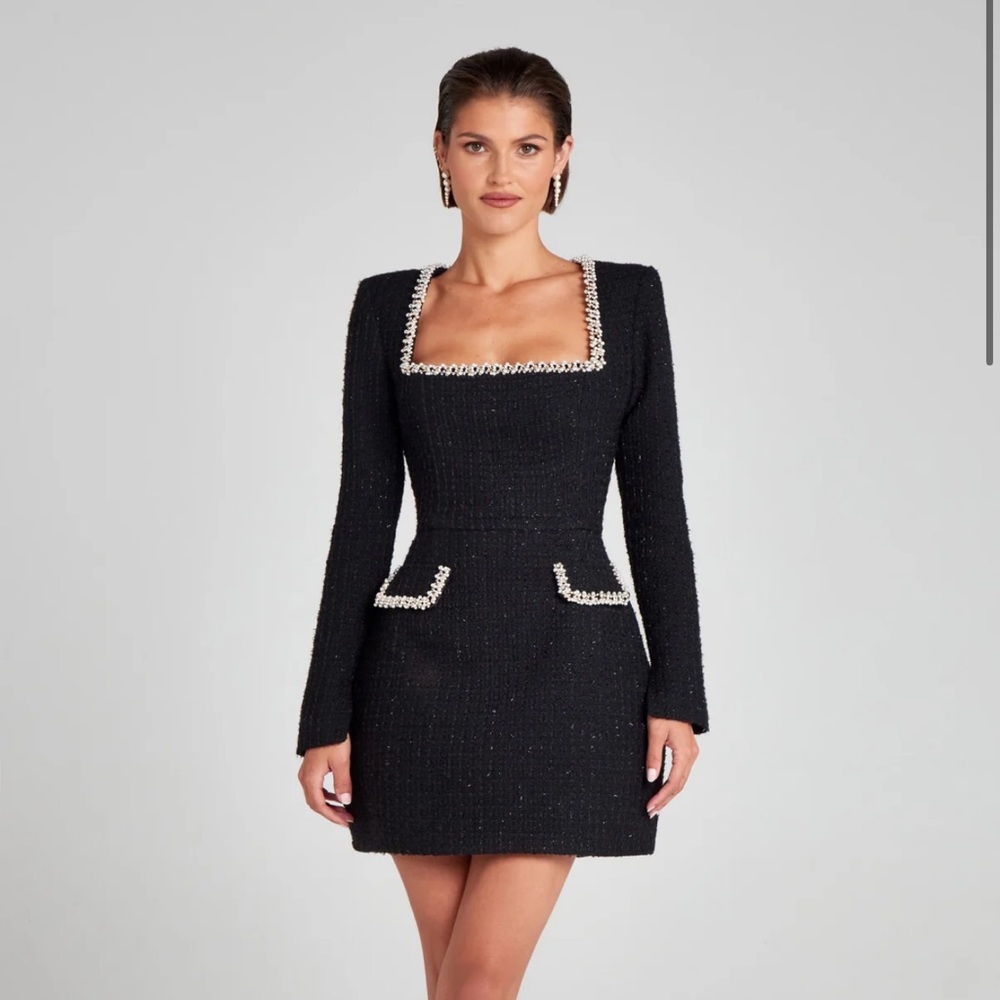 NADINE MERABI Black Long Sleeve Dress with Pearl Details. Worn Once.